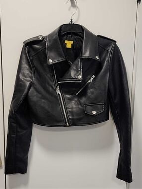 Daisy Black Cropped Faux Leather Moto Jacket with Silver Hardware